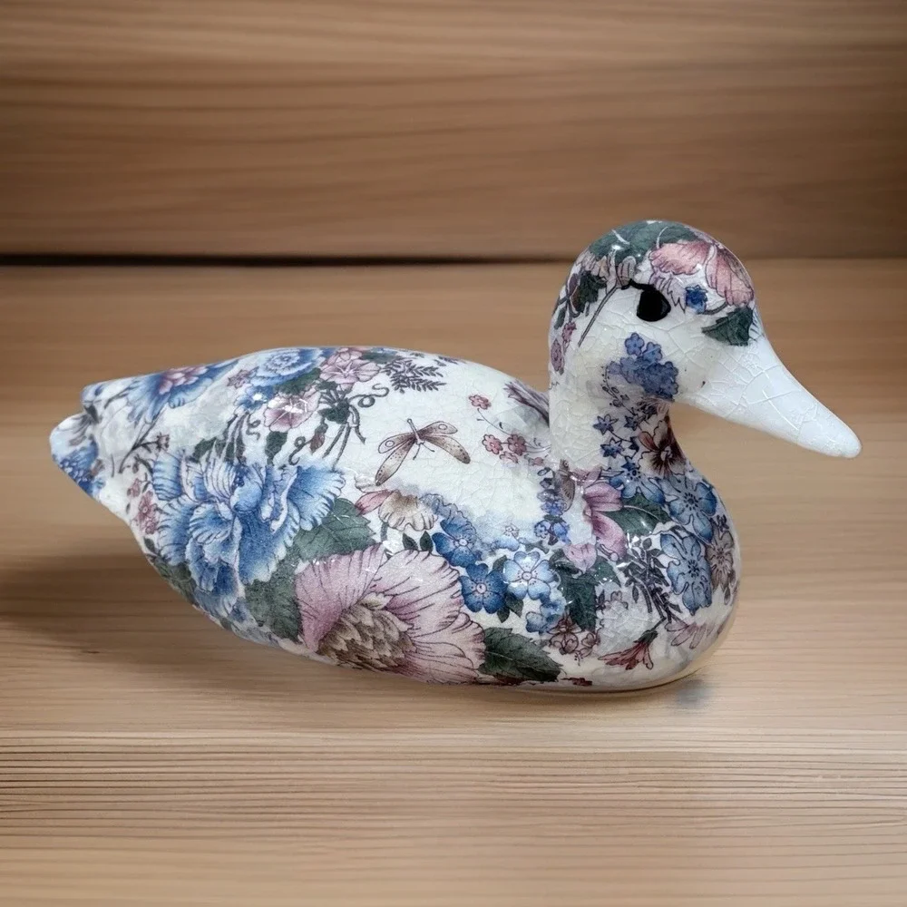 Vintage Floral Chintz Duck‎ Figurine Decoupage Mallard Decoy Blue Pink Botanical